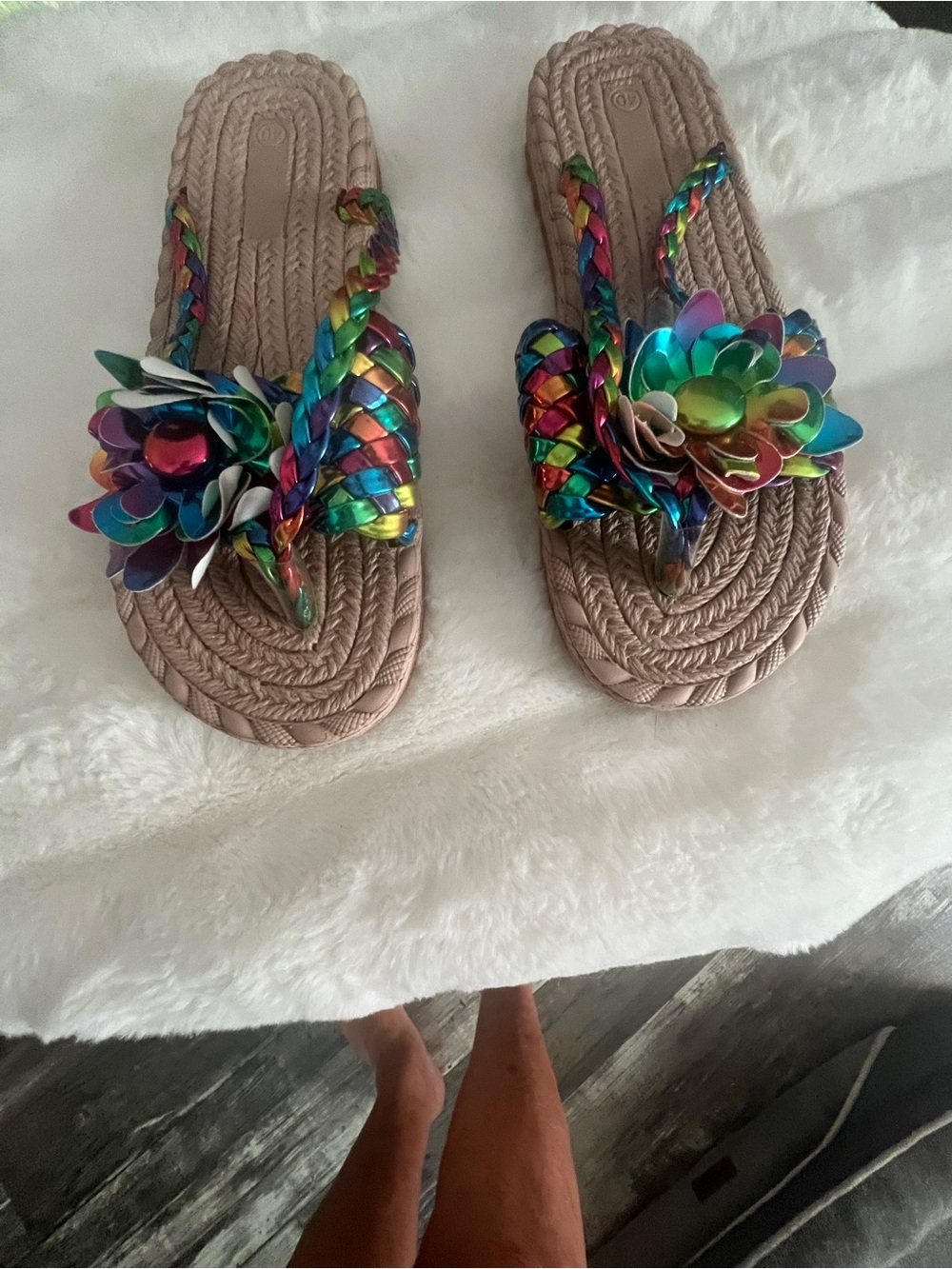 Women’s Multicolor Flower Braided Flip Flop Sandals - Beige Base